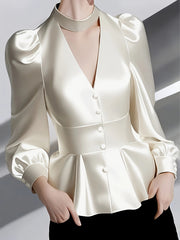 Women's Elegant Halter Neck Long Sleeve Blouse - Double Button Cuffs & Waist-Cinching Design, Luxurious Non-Stretch Fabric, Solid Color Office Work Commute Formal Attire, Spring/Autumn Versatile Professional Chic Shirt, Busin