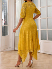 Women's Elegant Yellow Lace Dress - Slim-Fit Round Neck Long Sleeve A-Line with Asymmetrical Hem, Machine Washable Mid-Stretch Fabric for All-Season Wear HRYY281, Stylish Occasion Attire, Formal Evening Wear, Sleek Silhouette