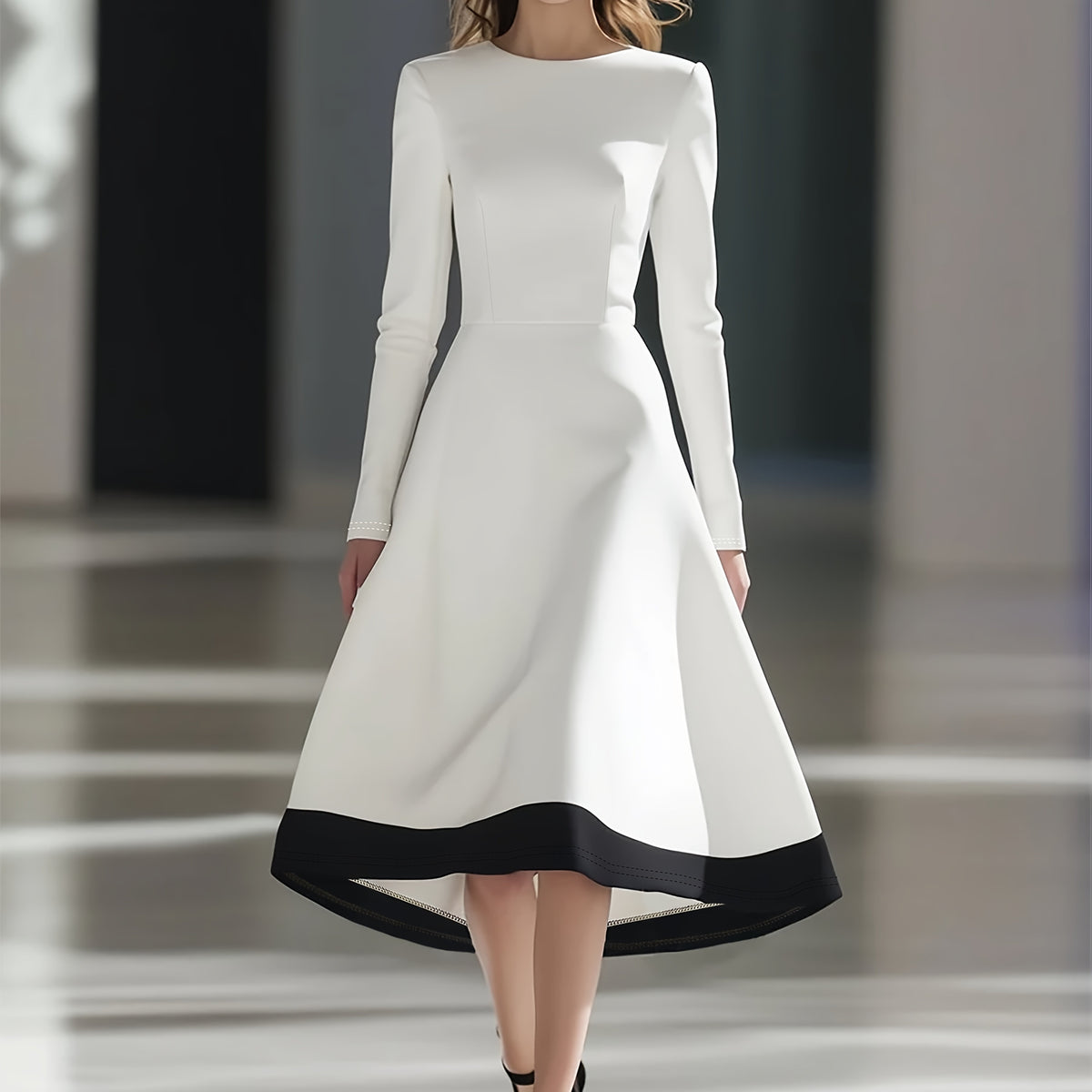 Elegant Long Sleeve Round Neck Midi Dress for Women - Burgundy & Black Contrast, Cinched Waist, Flowy A-Line Silhouette, Perfect for Casual or Formal Occasions, Evening Wear | Elegant Midi Dress | Cinched Waist Design, Long S