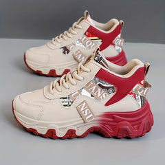 New Women's 2025 Spring/Summer Outdoor Sports Shoes - Height-Enhancing Thick Sole, High Quality Synthetic Leather Upper, Breathable Fabric Lining & Non-Slip PVC Outsole for Running, Hiking, Casual Wear - Beige/Red Colorway, L