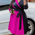 Plus size SHOWLU V-neck pleated strap dress with a polyester pencil skirt, elegant and stylish for fashionable occasions.