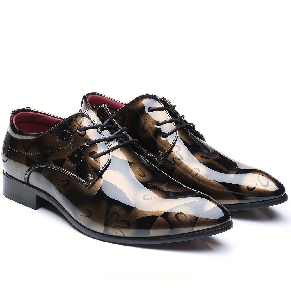 SHOWLU men's flower print pointed toe PU leather business dress shoes, stylish footwear with floral design for formal occasions.