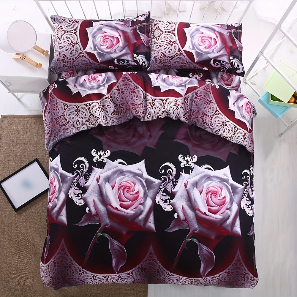 Showlu Fashion flower printed duvet cover set with two pillowcases, soft polyester, vibrant floral design for bedroom decor.