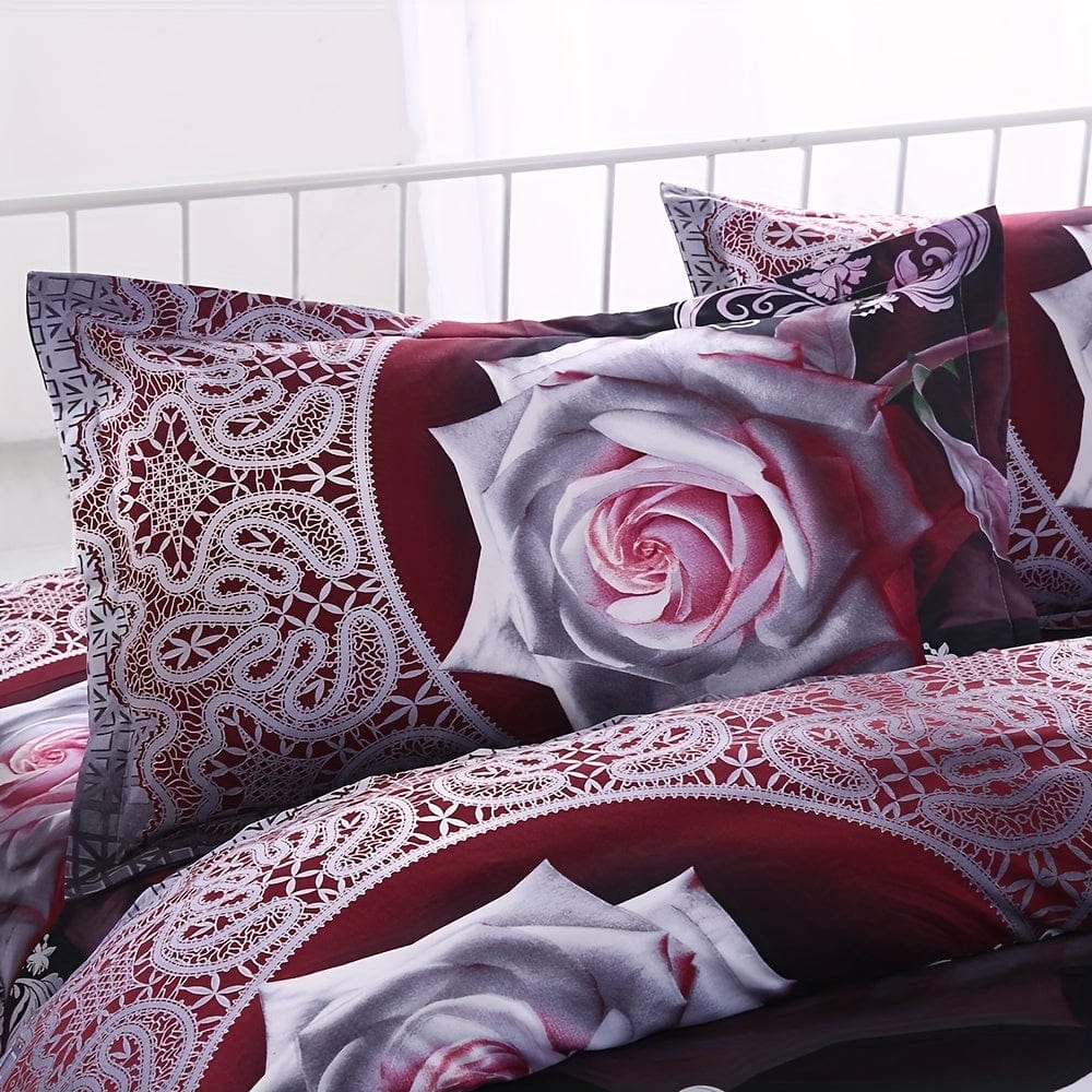 Showlu Fashion flower-printed duvet cover set with two pillowcases, soft polyester bedding for bedroom decor.