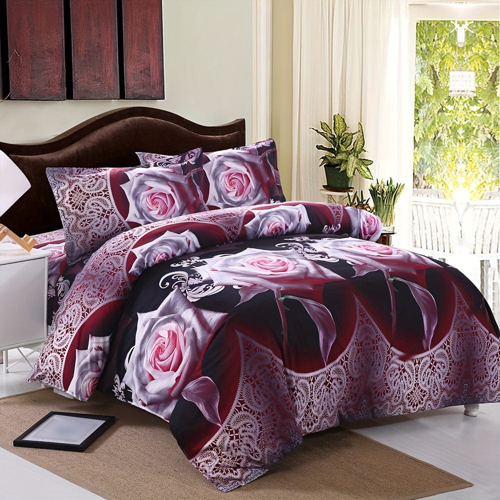 Showlu Fashion flower-printed duvet cover set with two pillowcases, soft polyester, vibrant floral pattern for bedroom decor.