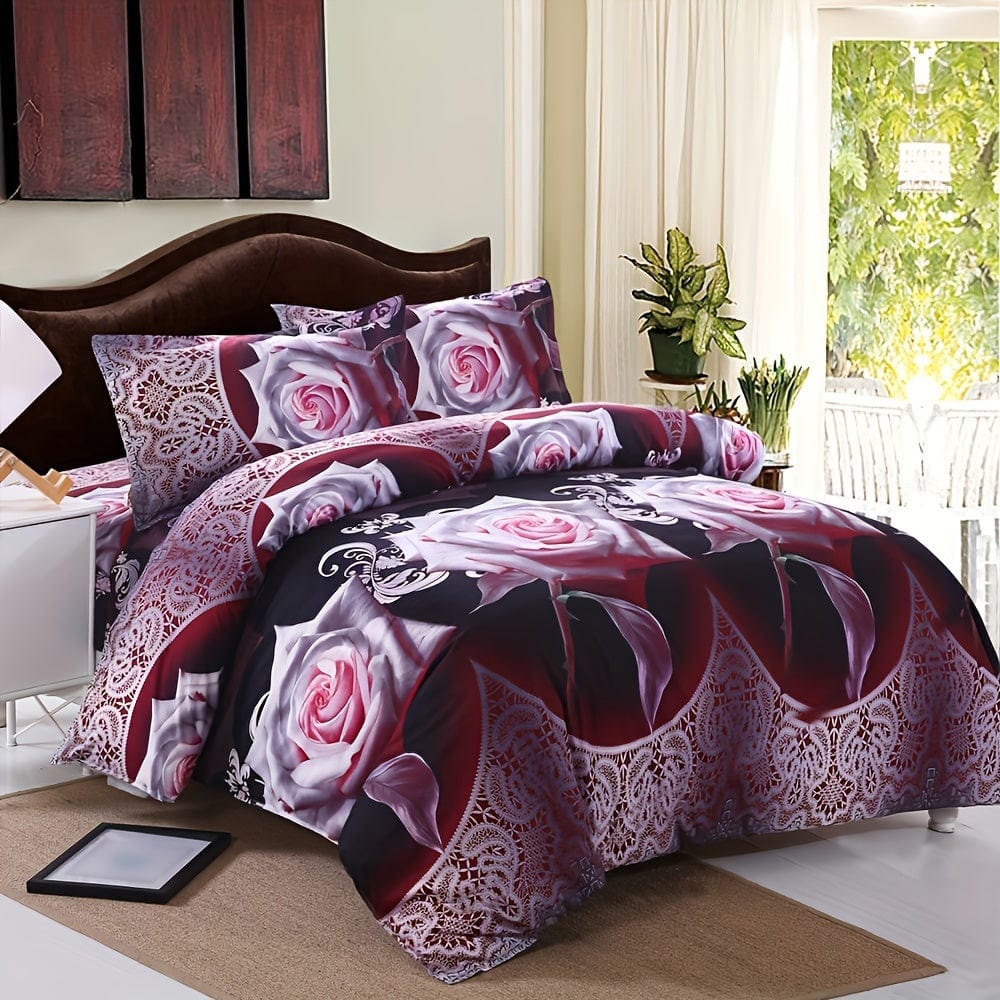 Showlu Fashion flower printed duvet cover set with two pillowcases, soft polyester, vibrant floral pattern for bedroom decor.