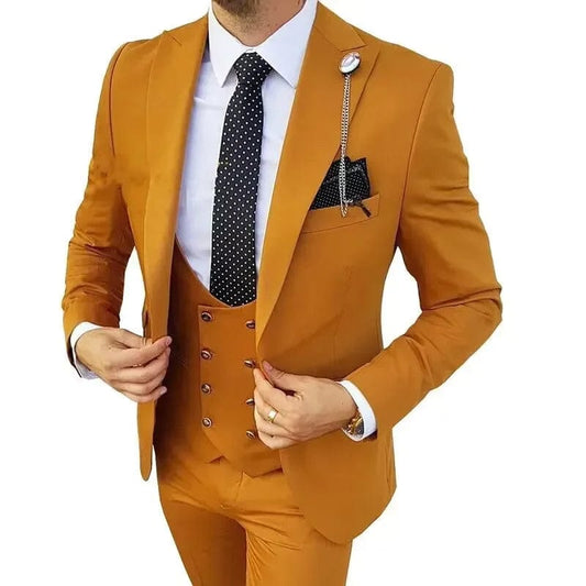 3PCS Formal Men Suits for Wedding Party Business Orange Peak Lapel Slim Fit Groom Tuxedo(Blazer+Vest+Pants)Fashion Costume Homme - SHOWLU FASHION STORE