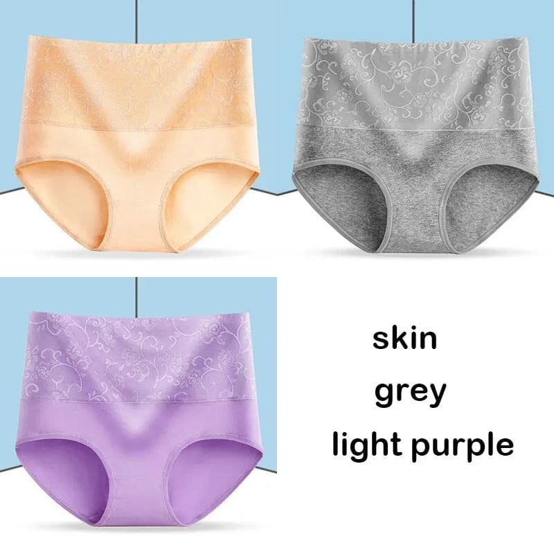 Three pairs of Showlu Women's high waist cotton panties, seamless plus size briefs with abdominal coverage and comfortable fit.