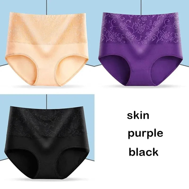 Three pairs of Showlu Women's high waist cotton panties, seamless plus size briefs in a 3-pack, soft and comfortable for everyday wear.