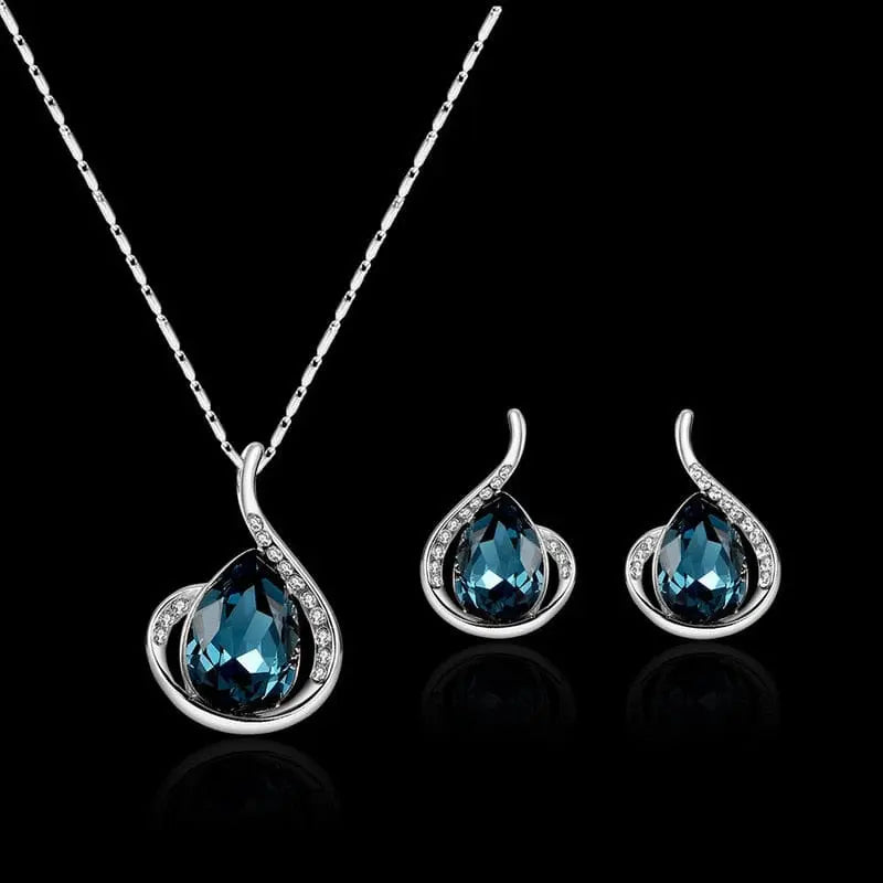 Showlu Fashion women's waterdrop rhinestone necklace and earring jewelry set with elegant pendant and hook earrings, 3-piece set.