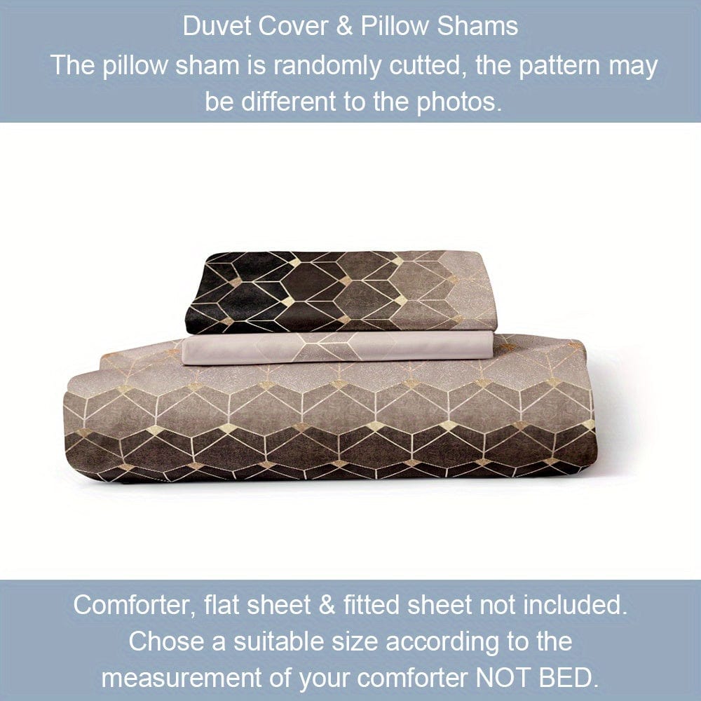 Showlu Fashion Bronzing Geometric Duvet Cover Set with one duvet cover and two pillowcases, soft polyester bedding for bedroom decor.