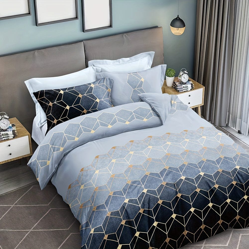 Showlu Fashion bronzing geometric duvet cover set with 1 duvet cover and 2 pillowcases, soft polyester bedding for bedroom decor