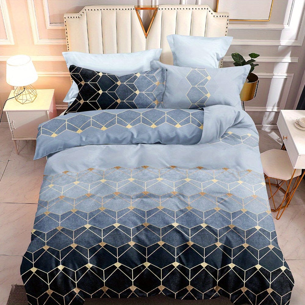 Showlu Fashion bronzing geometric duvet cover set with 1 duvet cover and 2 pillowcases, soft polyester bedding for bedroom use