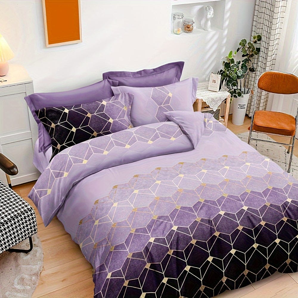 Showlu Fashion Bronzing Geometric Duvet Cover Set with 1 duvet cover and 2 pillowcases, soft polyester bedding for bedroom.
