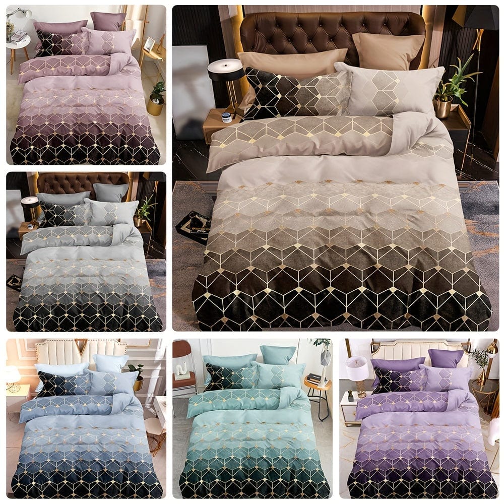 Showlu Fashion Bronzing Geometric Duvet Cover Set with 1 duvet cover and 2 pillowcases, soft polyester bedding for bedroom use