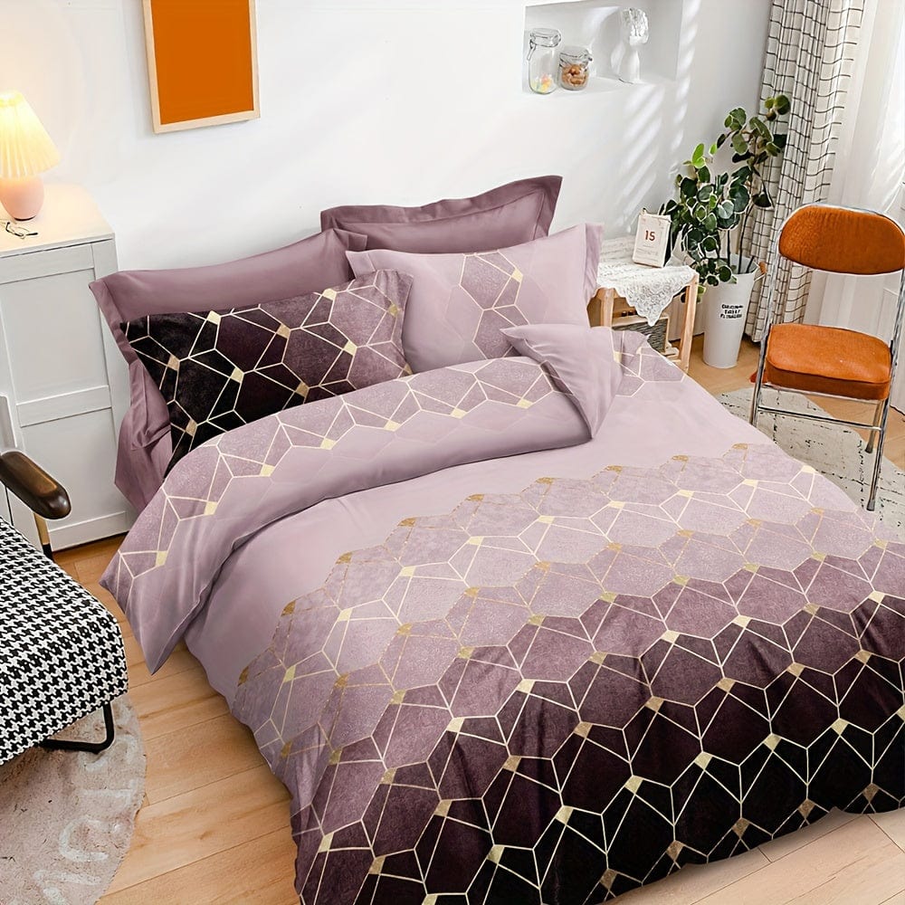 Showlu Fashion bronzing geometric duvet cover set with 1 duvet cover and 2 pillowcases, soft polyester bedding for bedroom use