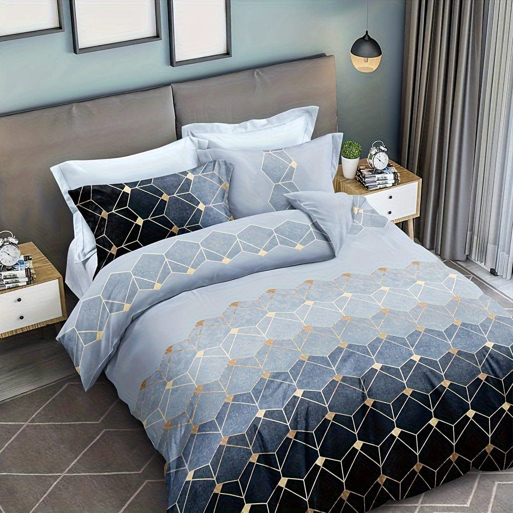 Showlu Fashion Bronzing Geometric Duvet Cover Set with 1 duvet cover and 2 pillowcases, soft polyester bedding for bedroom decor.