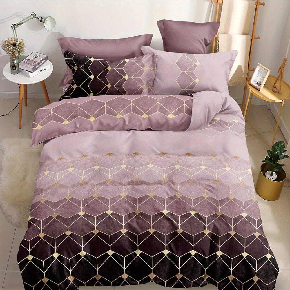 Showlu Fashion Bronzing Geometric Duvet Cover Set with 1 duvet cover and 2 pillowcases, soft polyester bedding for bedroom decor.