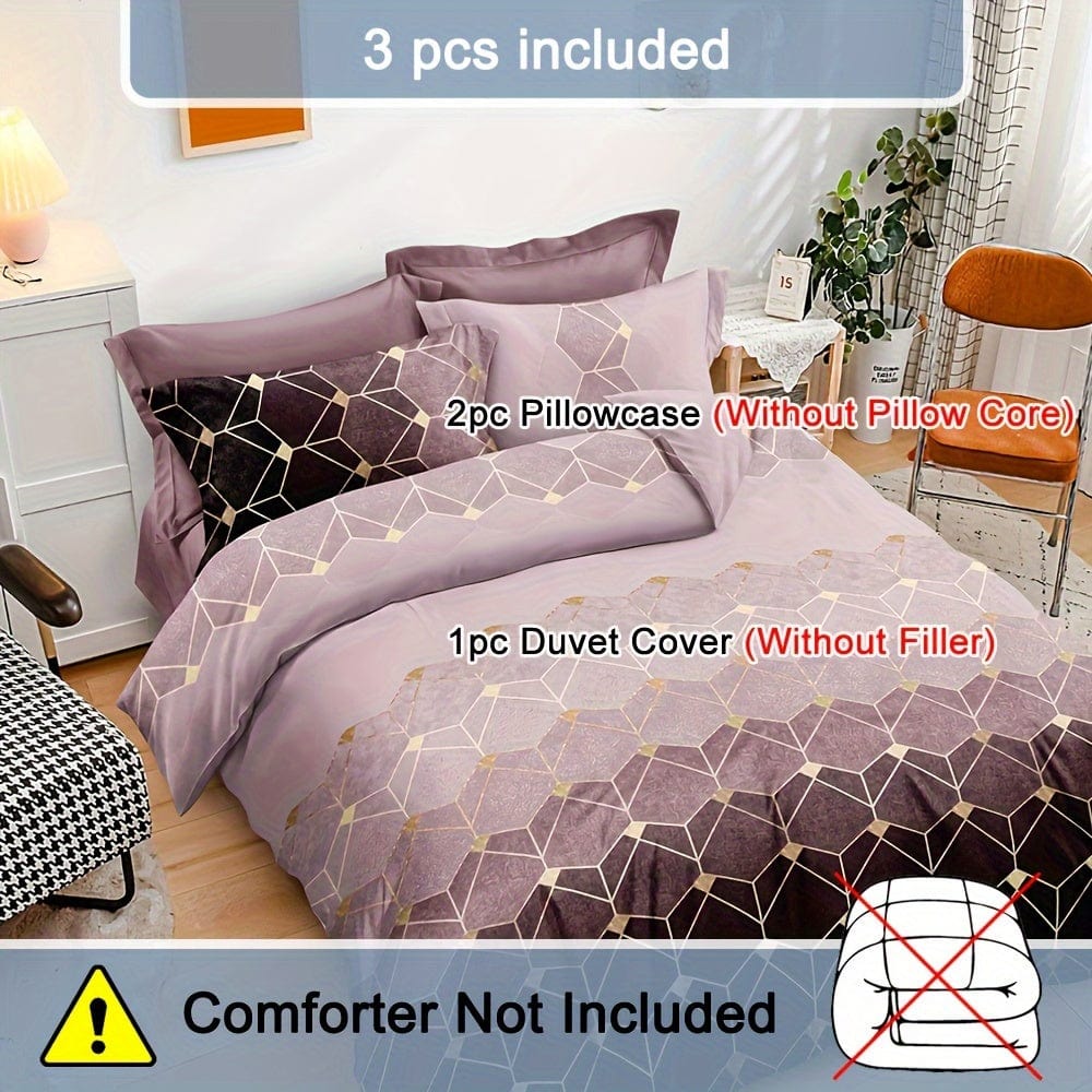 Showlu Fashion Bronzing Geometric Duvet Cover Set with one duvet cover and two pillowcases, soft polyester bedding for bedroom or guest room