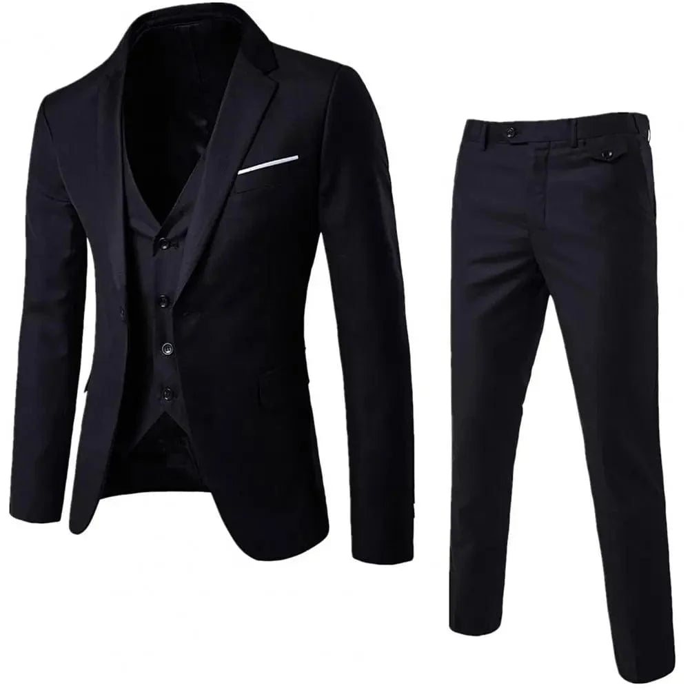 Showlu Men's 3-piece slim fit formal suit with solid blazer, vest, and pants, perfect for business or formal occasions.