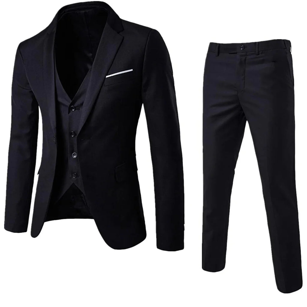 Showlu men's 3-piece slim fit formal suit with solid blazer, vest, and pants, tailored for business and elegant occasions.