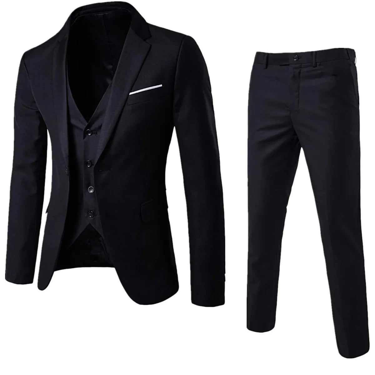 Showlu men's 3-piece slim fit formal suit with solid blazer, vest, and pants, tailored for business and elegant occasions.