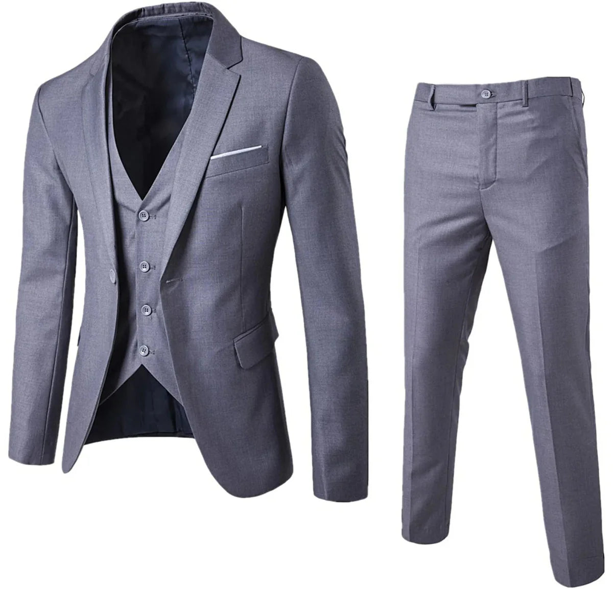 Showlu men's 3-piece slim fit formal suit with solid blazer, vest, and pants, ideal for business or formal occasions.
