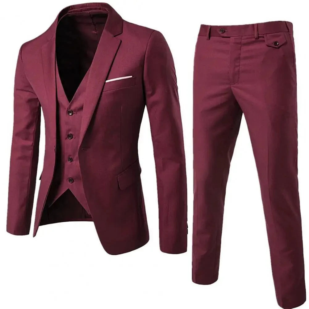 Showlu men's 3-piece slim fit formal suit with solid blazer, vest, and pants, ideal for business or formal occasions.