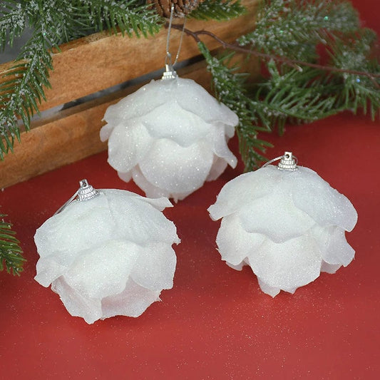 3pcs/Box Christmas Tree Ornaments White Glitter Petal Shape Balls Foam Snow Ball Christmas Pendants New Year Home Hanging Decor - SHOWLU FASHION STORE