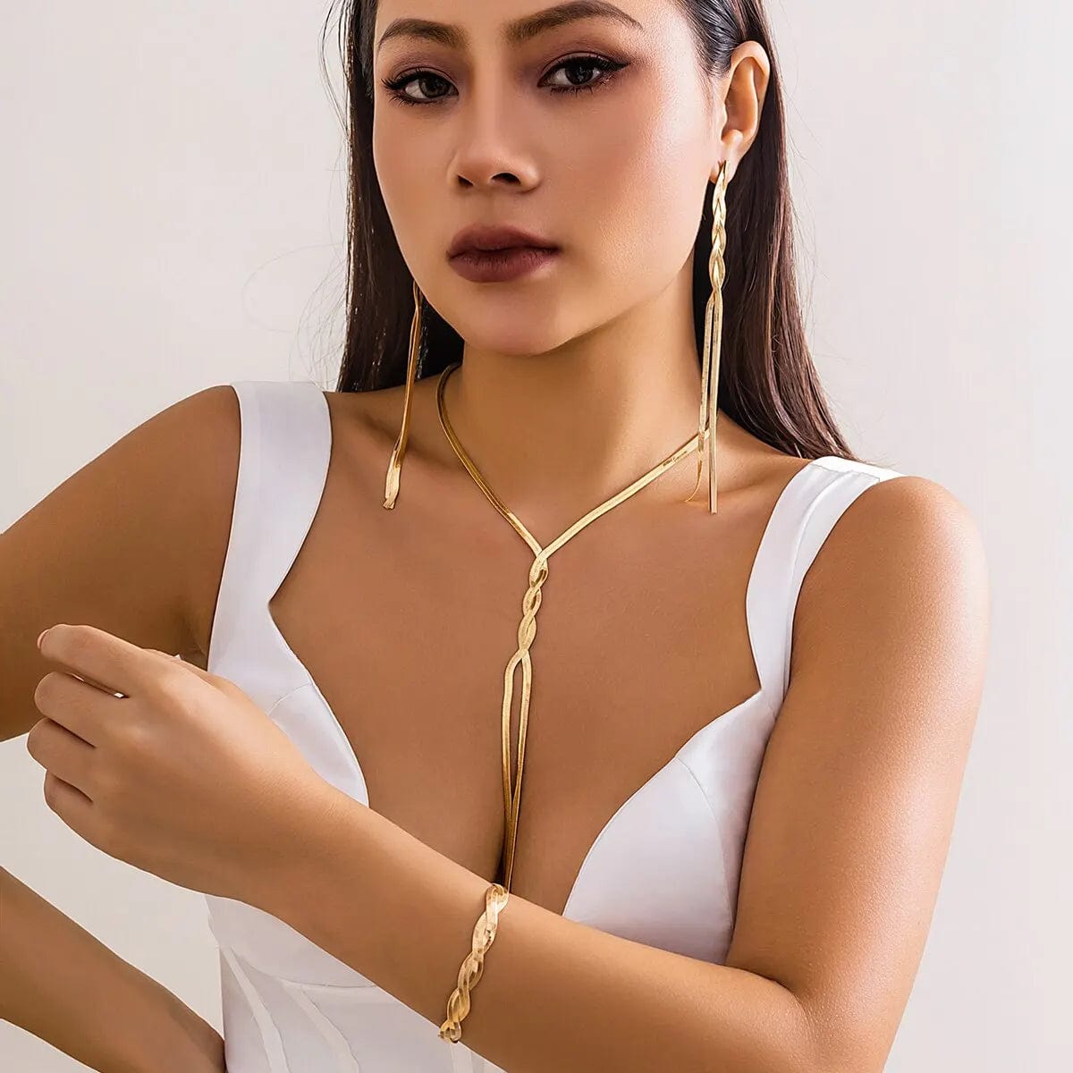 3Pcs/Set Fashion Necklace Bracelet Earring Set Gold Color Long V - shaped Tassel Snake Chain Accessory for Women Accessories Gift - SHOWLU FASHION STORE