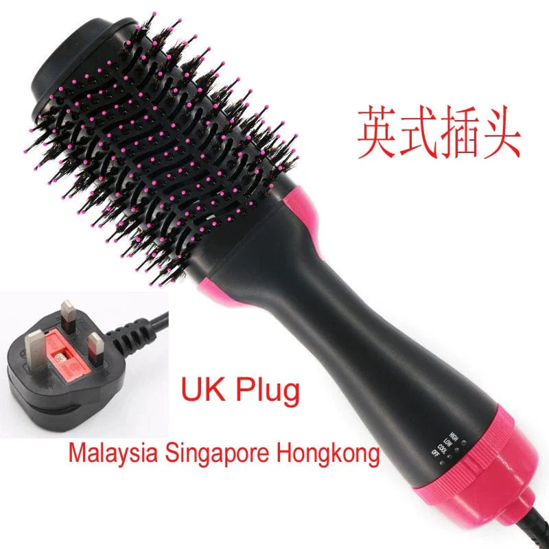 Showlu 4-in-1 hair dryer brush with 1000W anion hot air styler, curling, straightening, and puffing hair in a close-up image.