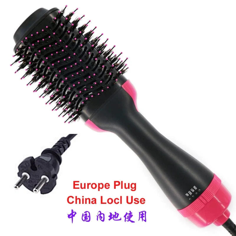 Showlu 4-in-1 hair dryer brush and curler with 1000W anion hot air styling, straightening, curling, and puffing in a close-up image.