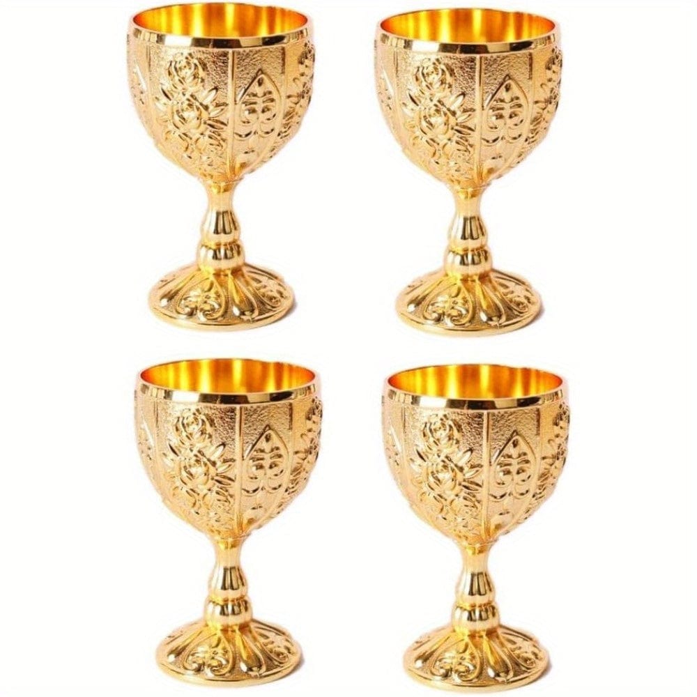 Set of four vintage metal wine cups with gold embossed design, 30ml capacity, European style, perfect for small liquor servings.