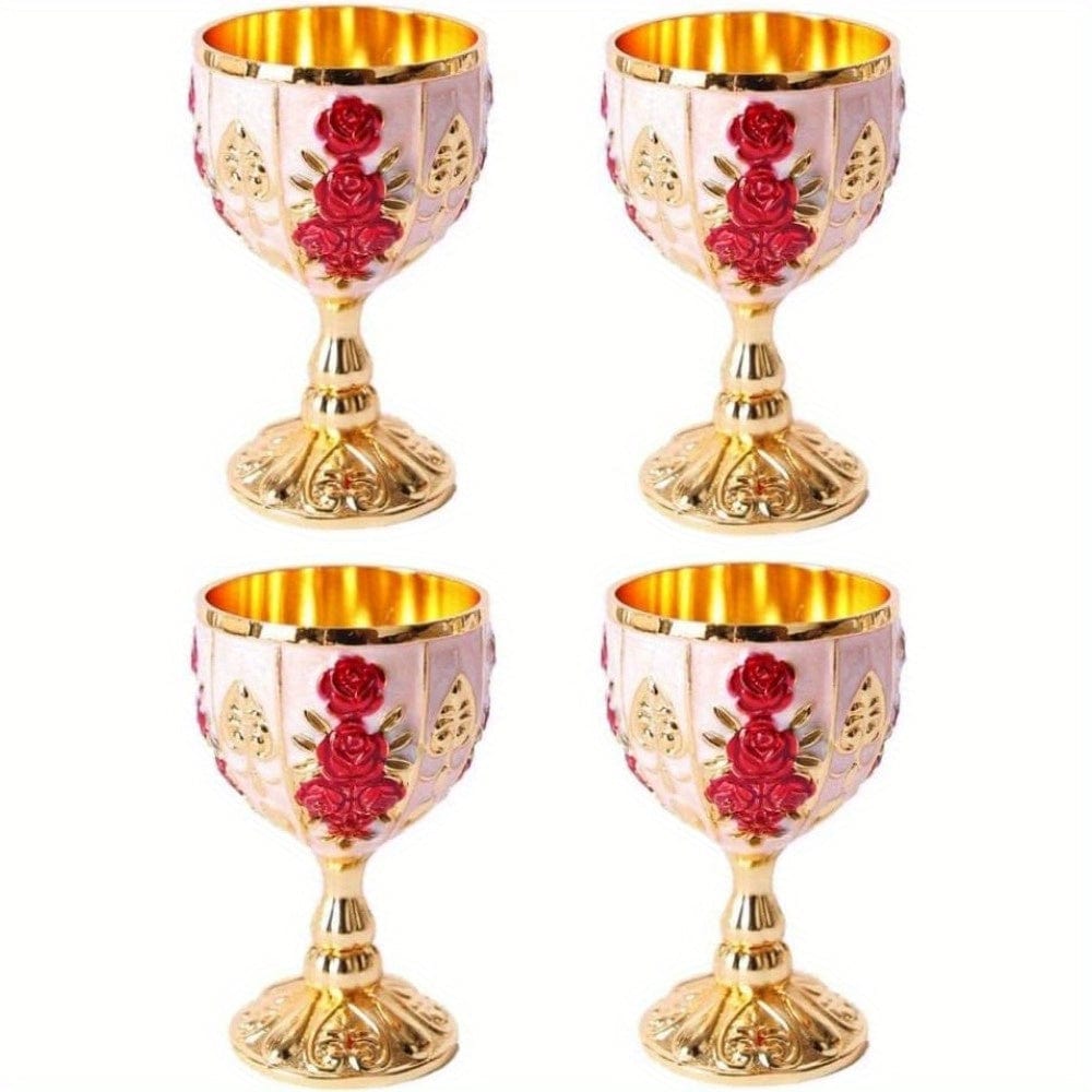 Set of 4 Showlu vintage metal wine cups, 30ml gold embossed goblets with European-style embossed design for small liquor servings.