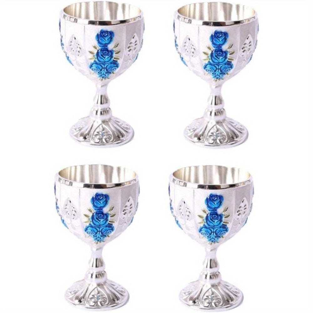Set of four vintage metal wine cups with gold embossed design, 30ml small liquor goblets in European style.