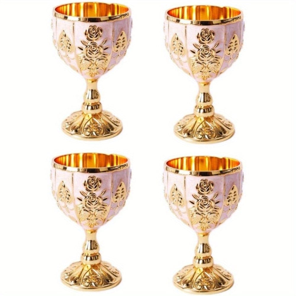 Set of four vintage metal wine cups with gold embossed design, 30ml capacity, European style, perfect for small liquor servings.