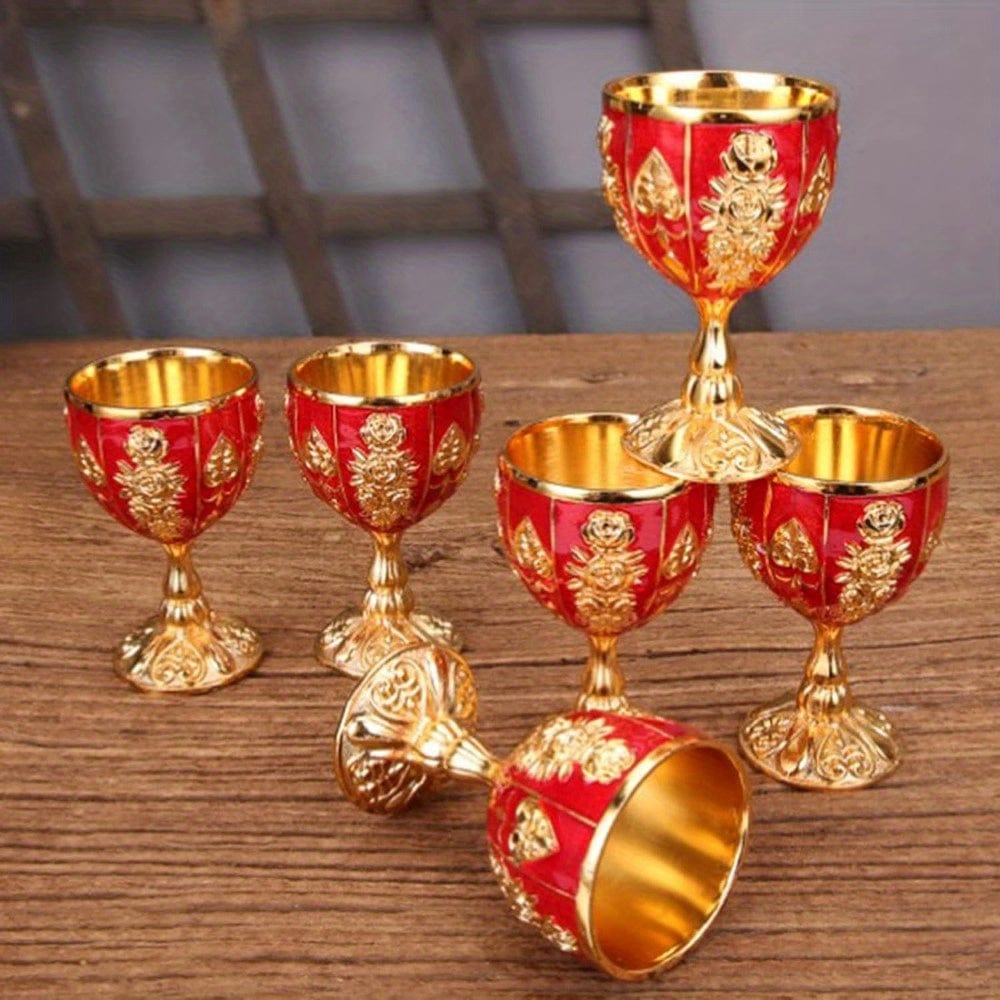 Set of four vintage metal wine cups with gold embossed design, 30ml capacity, European-style small liquor goblets.
