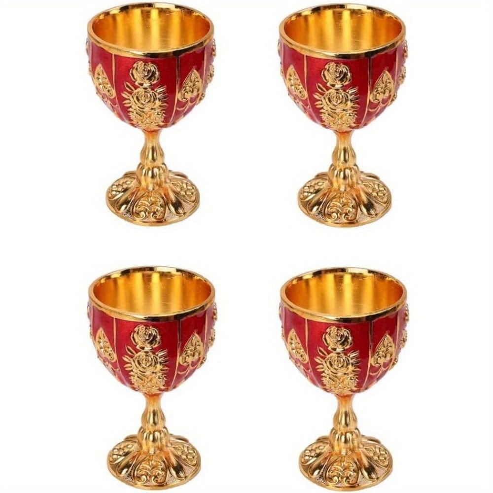 Set of four vintage metal wine cups with gold embossing, 30ml European-style goblets for wine or liquor.