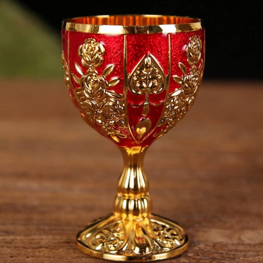 Set of four Showlu Vintage Metal Wine Cups, 30ml gold embossed goblets with retro European style and intricate metal design.