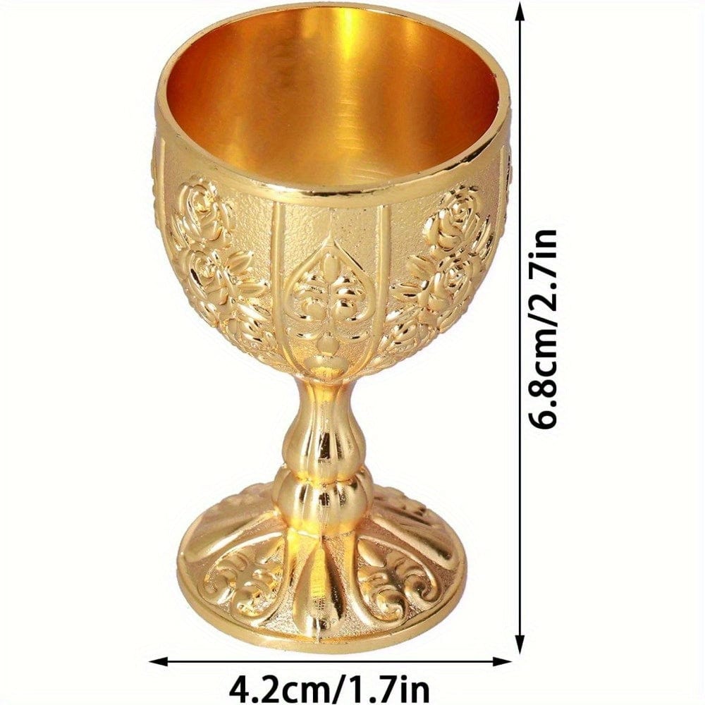 Set of four vintage gold embossed metal wine cups, 30ml each, European-style retro goblets for small liquor servings.