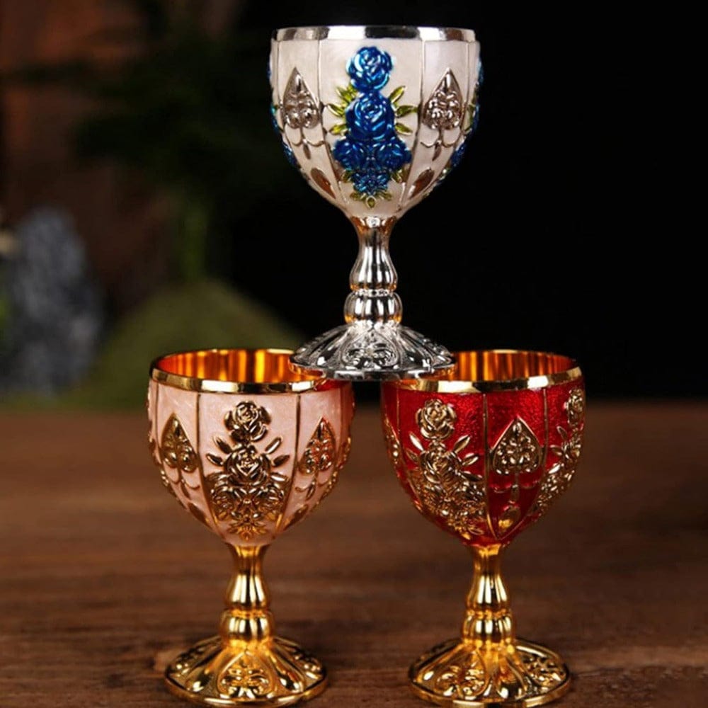 Set of four vintage metal wine cups with gold embossing, 30ml capacity, European style, perfect for small liquor servings.