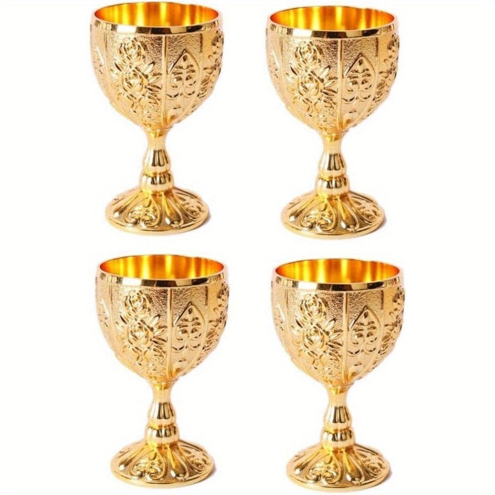 Set of four vintage metal wine cups with gold embossed design, 30ml capacity, European style, perfect for small liquor or wine servings.