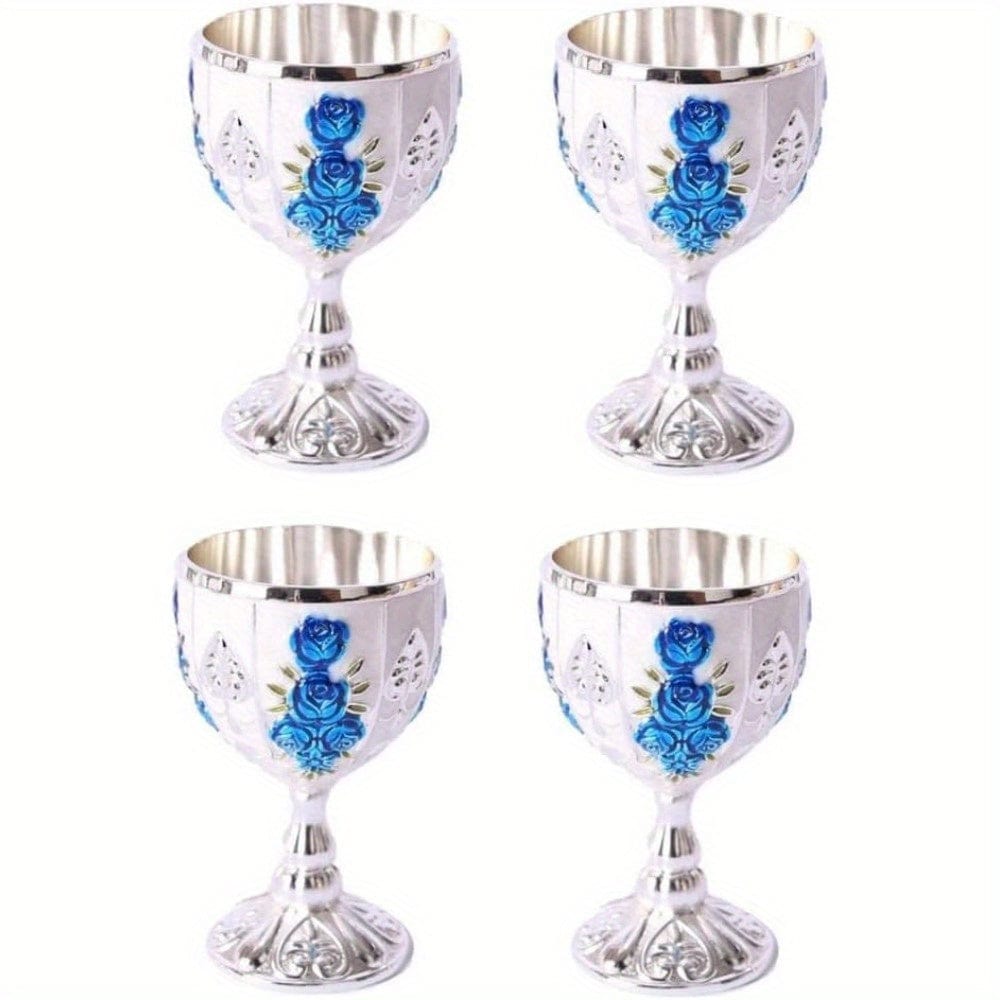 Set of four vintage metal wine cups with gold embossing, 30ml capacity, European style, perfect for small liquors or wine.