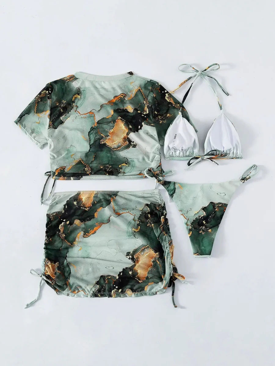 Lyric Women's 4-piece halter bikini set with marble print cover-up, perfect for summer beachwear and swimming.
