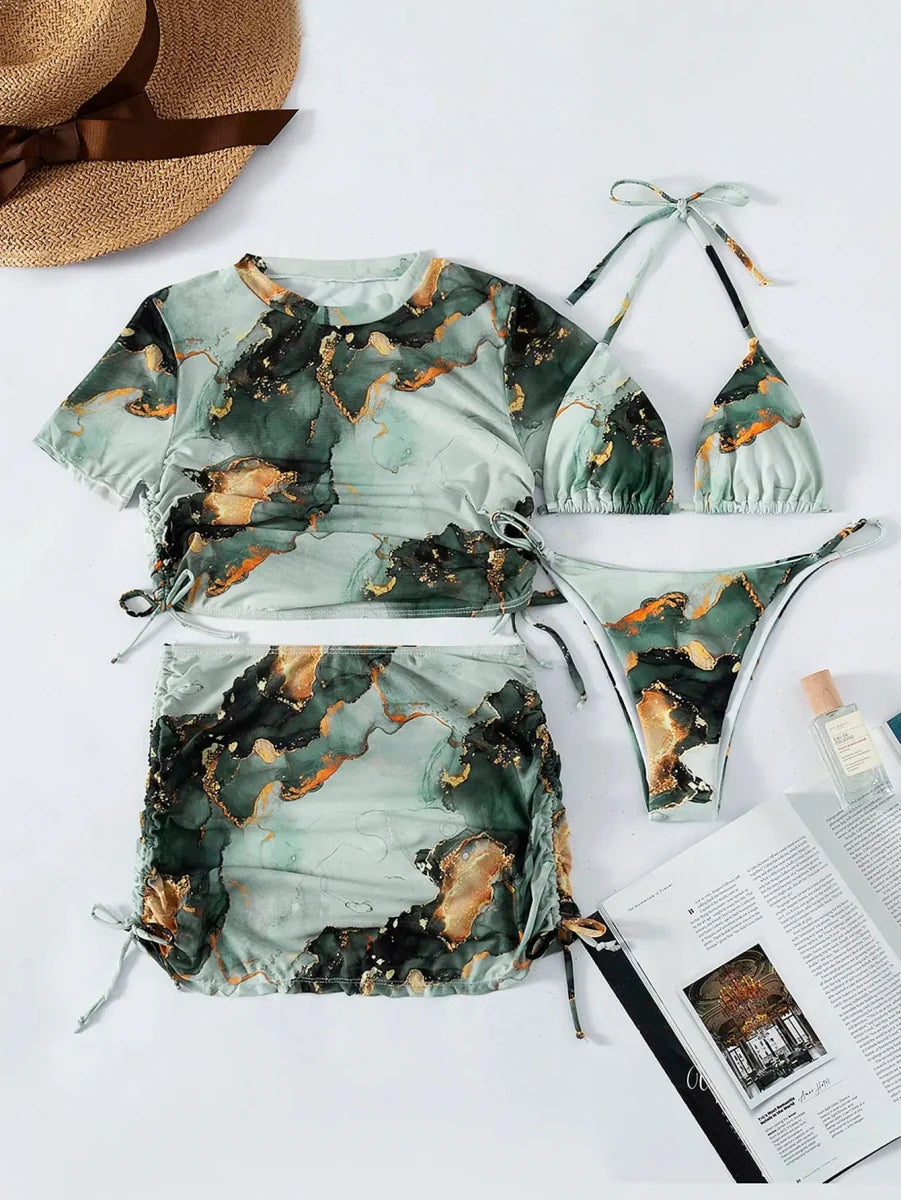 Lyric Women's 4-piece halter bikini set with marble print cover-up, perfect for summer beachwear and swimming.