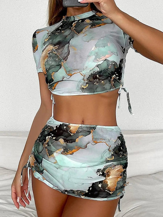 4 Pieces Halter Bikini Swimsuit With Marble Print Cover Up 2023 Swimwear Female Beachwear Bathing Swimming Suit Women Summer - SHOWLU FASHION STORE