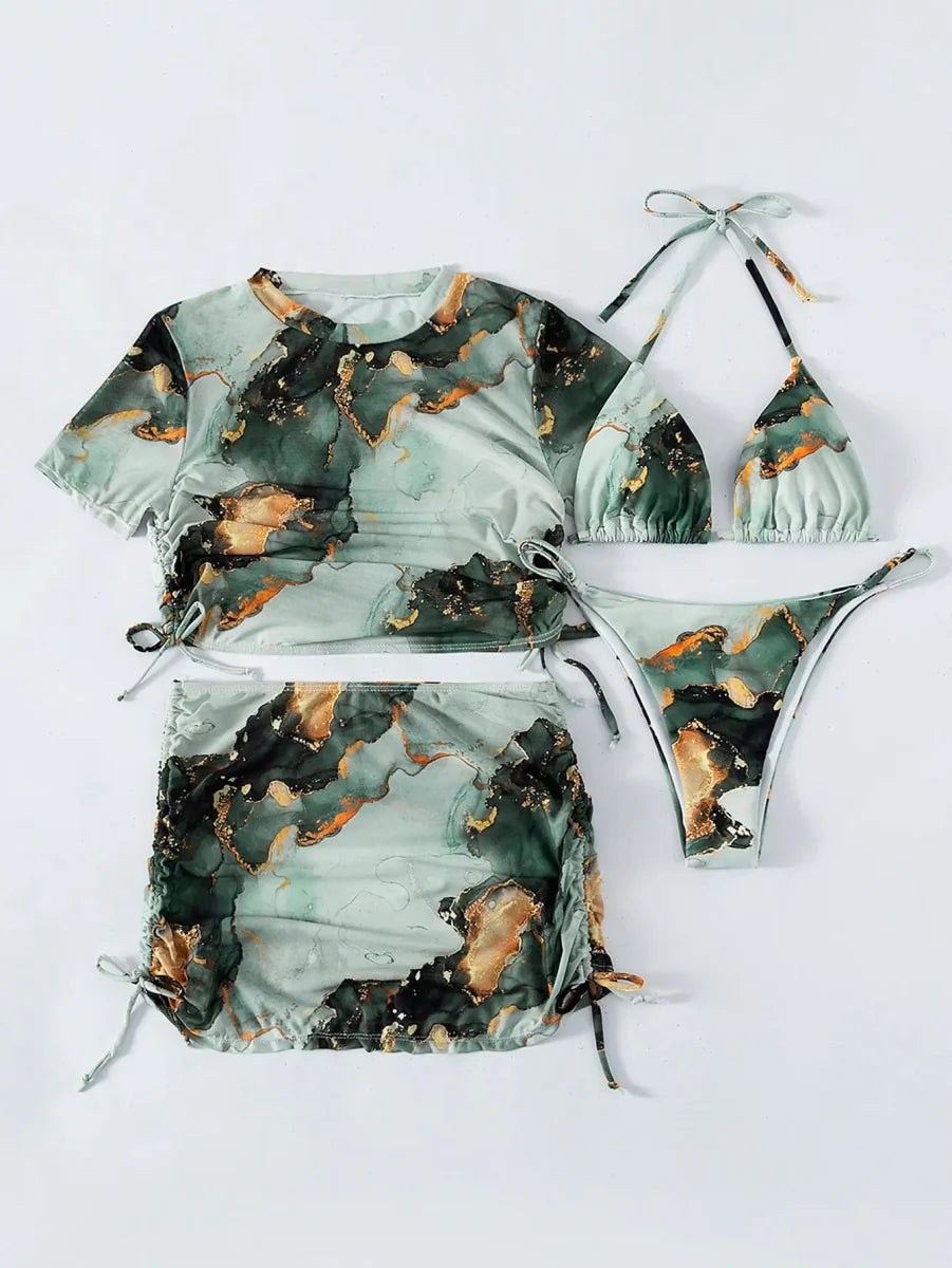 Lyric Women's 4-piece halter bikini set with marble print cover-up, stylish swimwear for summer beachwear and swimming.