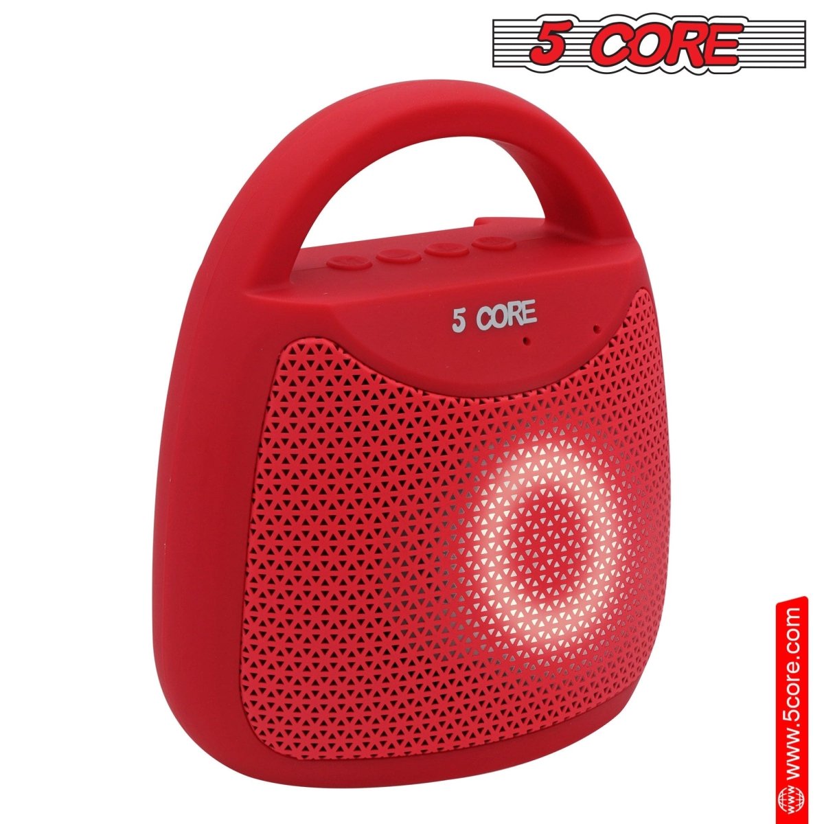 Red Doba 5 Core Portable Bluetooth Speaker, 40W mini wireless outdoor speaker with LED lights, water-resistant design, and stereo sound.