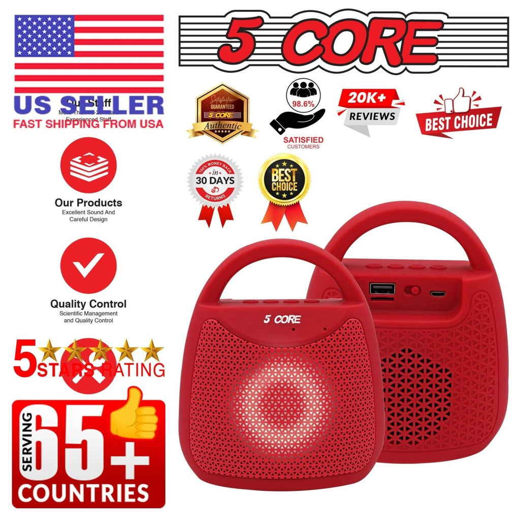 Red Doba 5 Core Portable Bluetooth Speaker with 40W stereo sound, LED lights, water resistance, and 10-hour battery life.