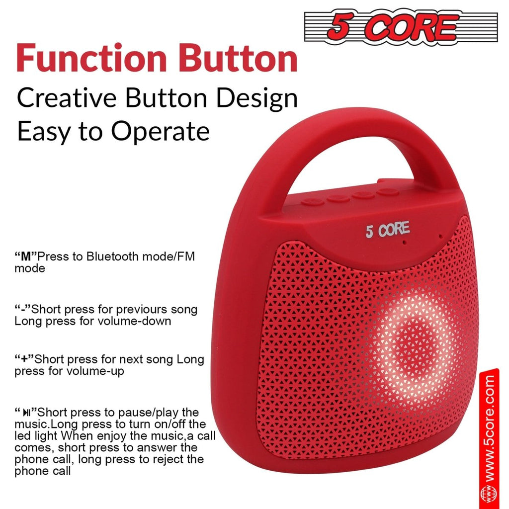 Red Doba 5 Core Portable Bluetooth Speaker with 40W output, outdoor waterproof design, LED lights, and loud stereo sound.